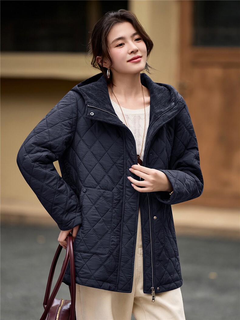 2025年冬季中长款连帽夹棉菱格棉衣棉服外套,女装棉衣/棉服,简韵佳