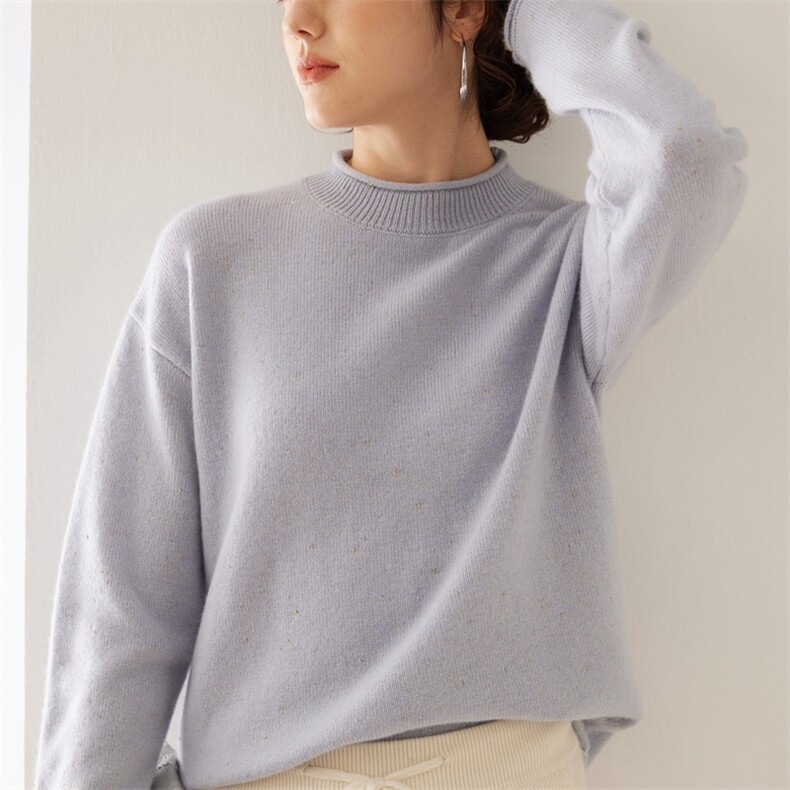 2024秋装新款金豆卷边领35%羊绒衫时尚百搭显瘦宽松毛衣，女装羊绒衫，旭友羊绒