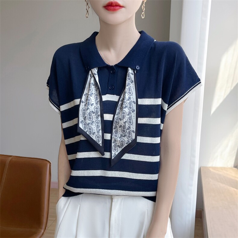 夏季新款天丝贮麻polo领配印花丝巾女宽松百搭显瘦时尚休闲上衣,针织衫/毛衣,暖娇绒