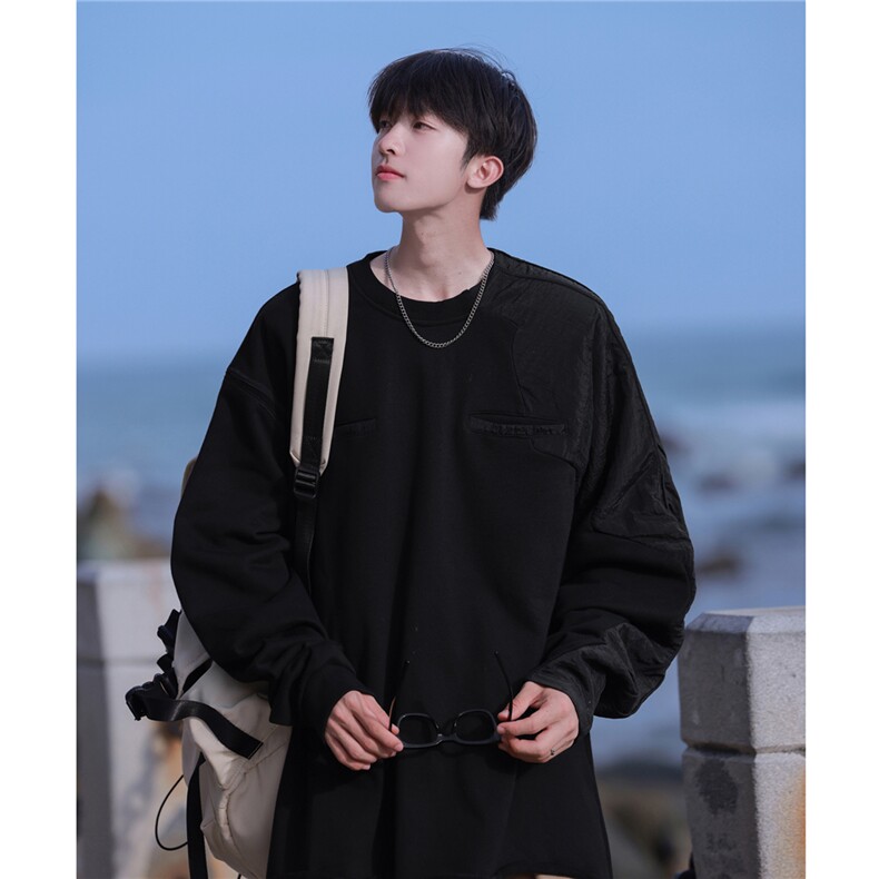 港风外景秋装美式高街宽松拼接圆领卫衣外套男潮牌D319-P58，女装短外套，电商A335-1（原A458）