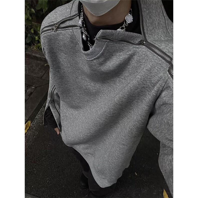 美式双拉链拼接卫衣男灰色高街休闲圆领廓形落肩袖外套W27,男装卫衣,星座1116A（原606A-3）