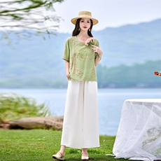 时尚洋气优雅刺绣套装女2026夏季新款复古气质宽松阔腿裤两件套，女装套装/套裙，魅影