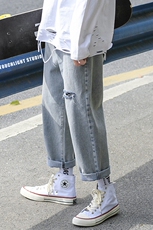 cn35夏季破洞牛仔裤男九分裤韩版阔腿宽松直筒休闲裤男，男装牛仔裤，星座1008