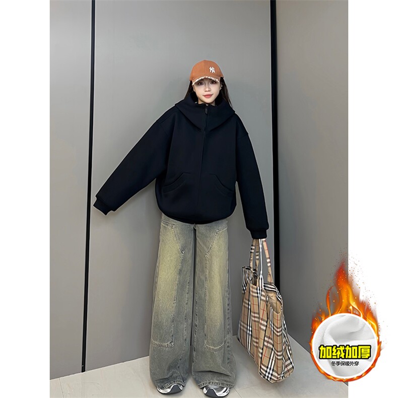 480G重磅加绒硬挺boxy男女秋冬美式高街防风高领卫衣开衫厚外套,女装短外套,电商A486