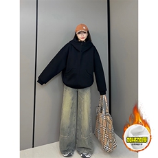 480G重磅加绒硬挺boxy男女秋冬美式高街防风高领卫衣开衫厚外套，女装短外套，电商A486