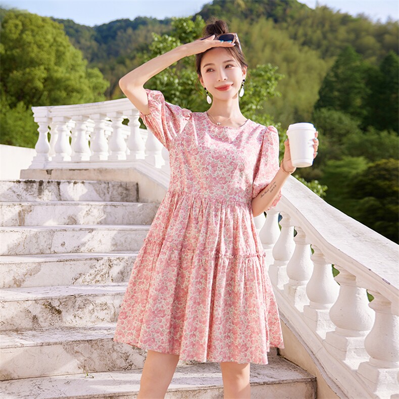 法式优雅泡泡袖连衣裙女2025年夏季新款高腰百搭中长裙潮,女装连衣裙,梦懿尔