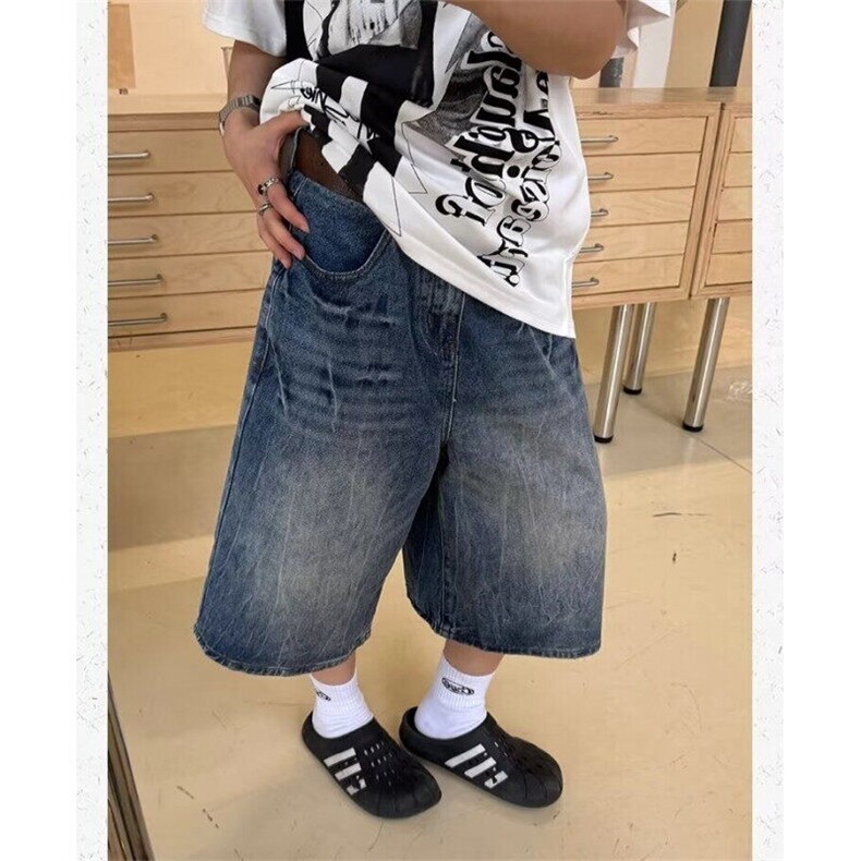 美式复古做旧闪电牛仔短裤男宽松直筒阔腿垂坠感五分裤LB1422-P45,男装牛仔裤,星座1008