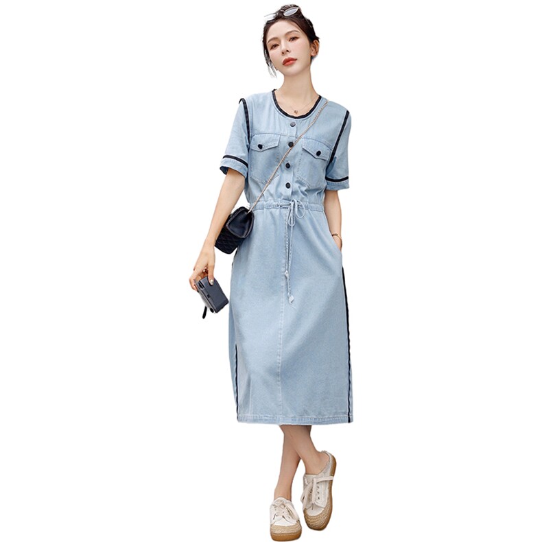 时尚显瘦夏季牛仔连衣裙中长款女修身百搭气质淑女风,女装连衣裙,秋水欣儿