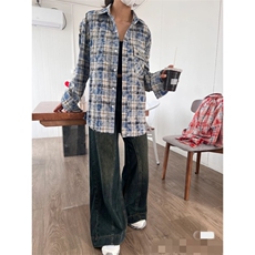 1506-1/CM1581/P43水墨晕染格纹长袖衫衬衣外套男款痞帅炸街美式，男装衬衫，星座1506-1