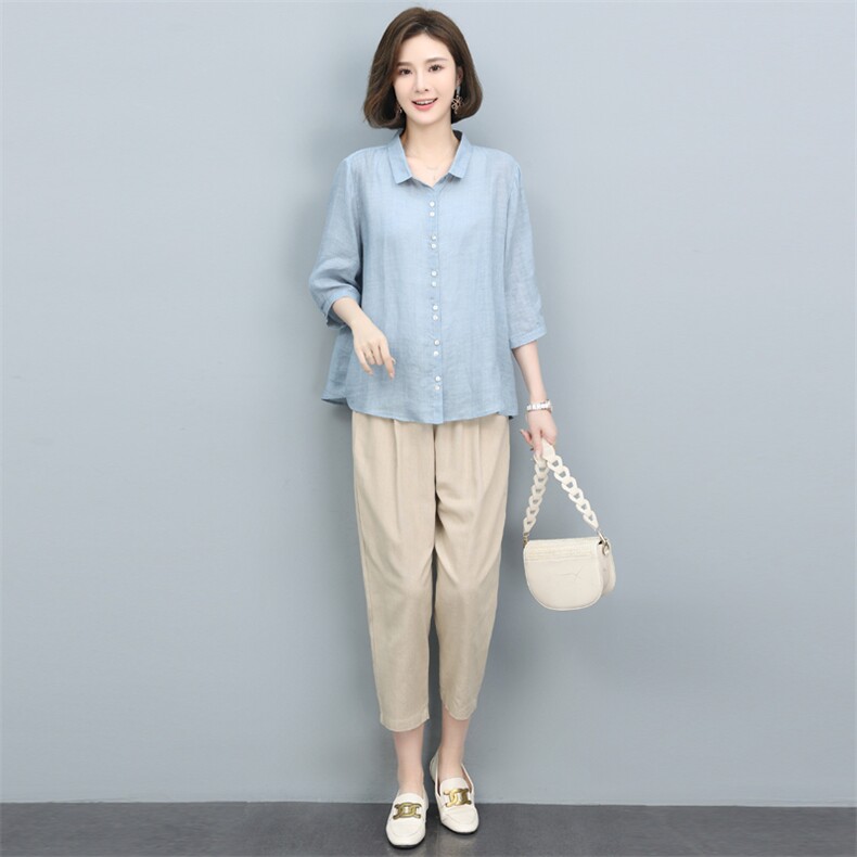 高端苎麻衬衫女夏季2024新款棉麻风上衣中年妈妈洋气减龄漂亮小衫,女装套装/套裙,奕阳依阁