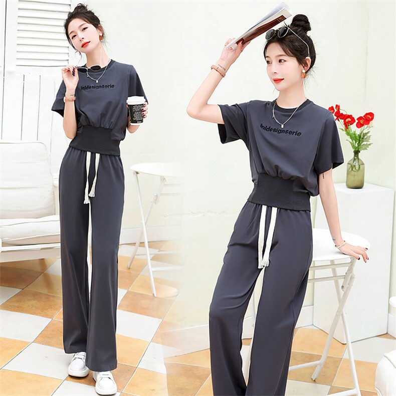 2023新款短袖运动套装女夏季宽松时尚减龄显瘦炸街阔腿裤两件套，女装套装/套裙，曼娅璐