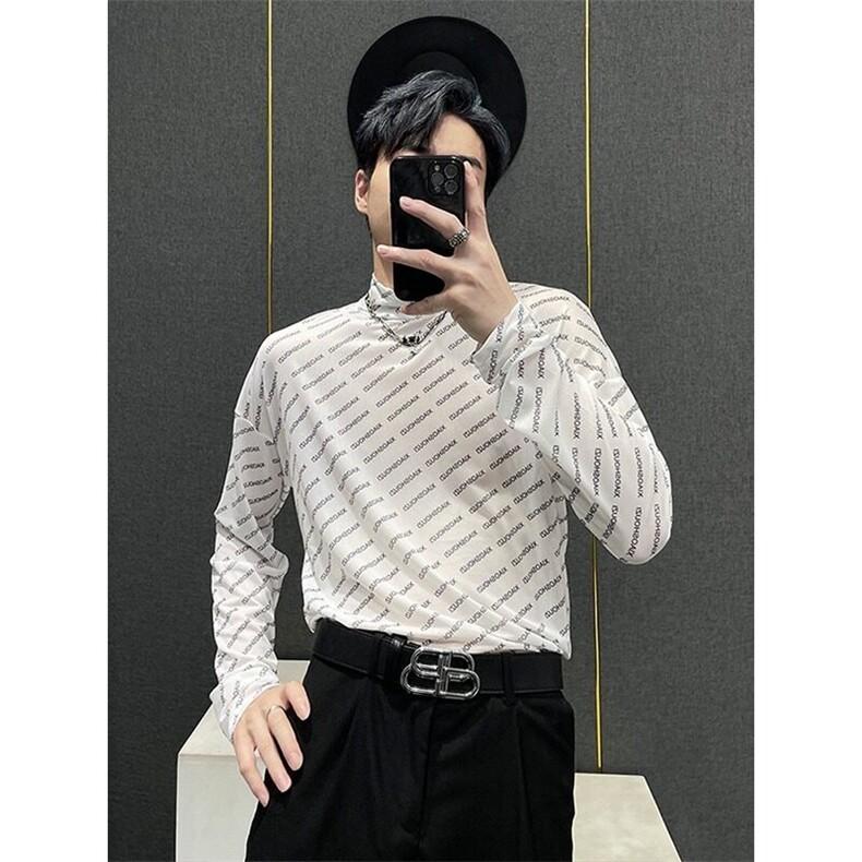 美式高街冰丝打底长袖t恤潮牌欧美vintage透气高领长袖衫男款上衣,男装T恤,星座506A