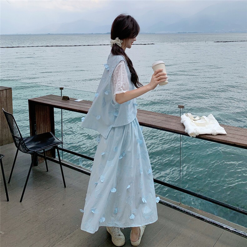 蕾丝短袖立体蝴蝶马甲半身裙三件套2591P195K288,女装套装/套裙,2C201