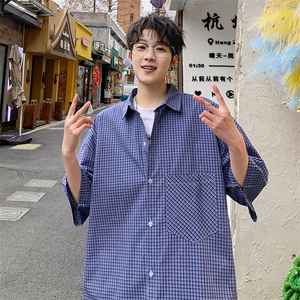 短袖衬衫男夏季新款港风宽松纯棉格子衬衣DX101-P35图片