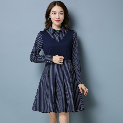 2026春季新款韩版衬衫裙假两件竖条纹拼接撞色弹力罗马外穿裙子，女装连衣裙，板酷