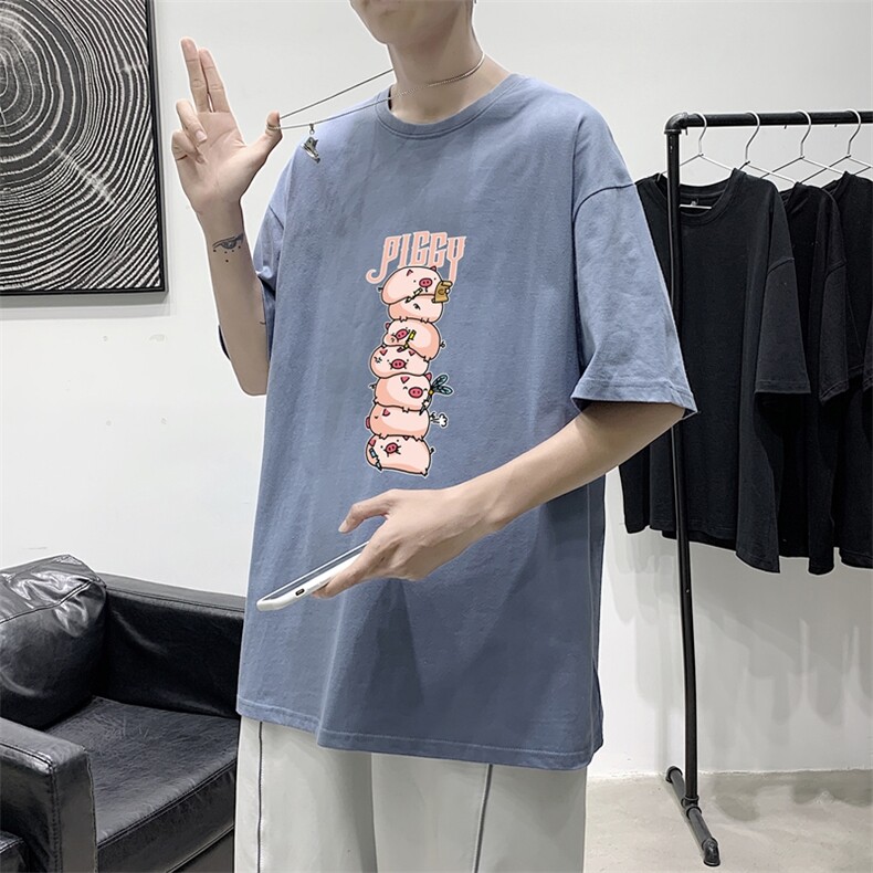 T1763P25夏季风男装印花短袖T恤男长条小猪印花青春休闲T恤,男装T恤,星座510A-1