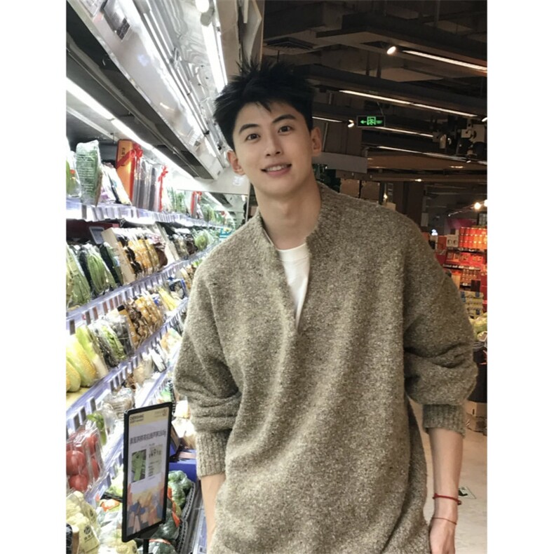 濮院针织燕麦毛衣V领亨利领毛衣宽松慵懒男美式针织衫LF92 P75图片