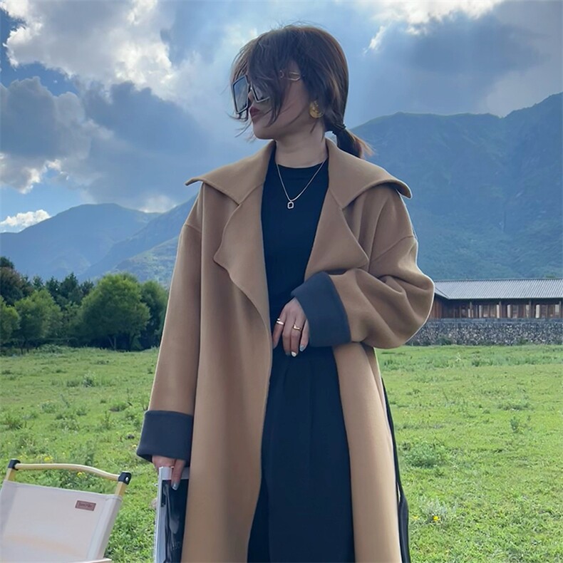 2025年夏季常规中长款长袖一粒扣纯色双面呢大衣,女装双面呢大衣,蒙绒特