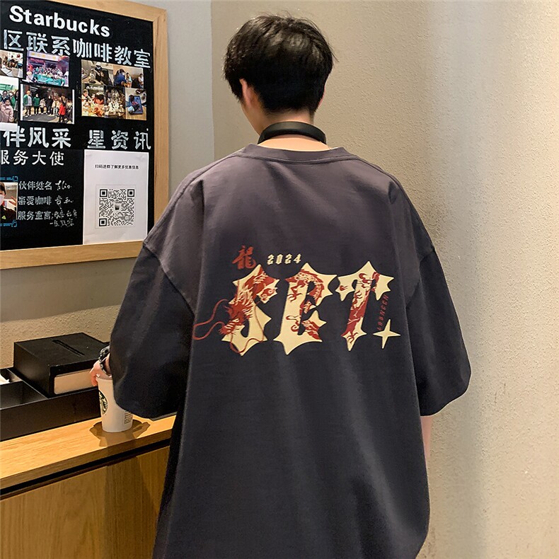 2025新款龙年字母印花高街短袖宽松M~5XLXZ604-DT217-P25控39,男装T恤,星座604