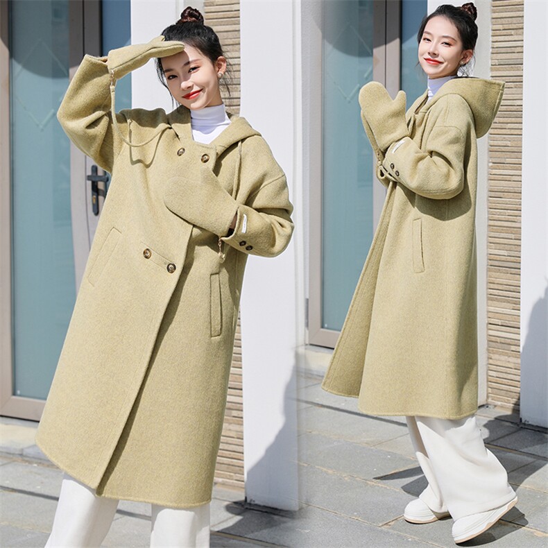 新品现货2025秋冬新款双面羊毛大衣中长款连帽送手套休闲时尚保暖，女装双面呢大衣，金巴黎
