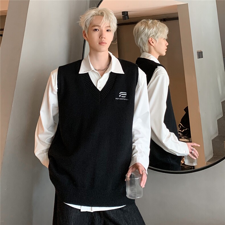 学院风背心针织马甲春秋季2024男女无袖叠穿V领毛衣黑M17-P48，男装背心/马甲，电商C307