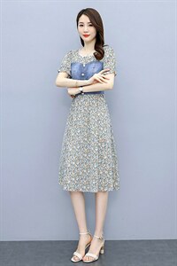 汉派鑫源时尚拼接牛仔连衣裙女2025新款夏季微胖身材收腰牛仔裙子图片