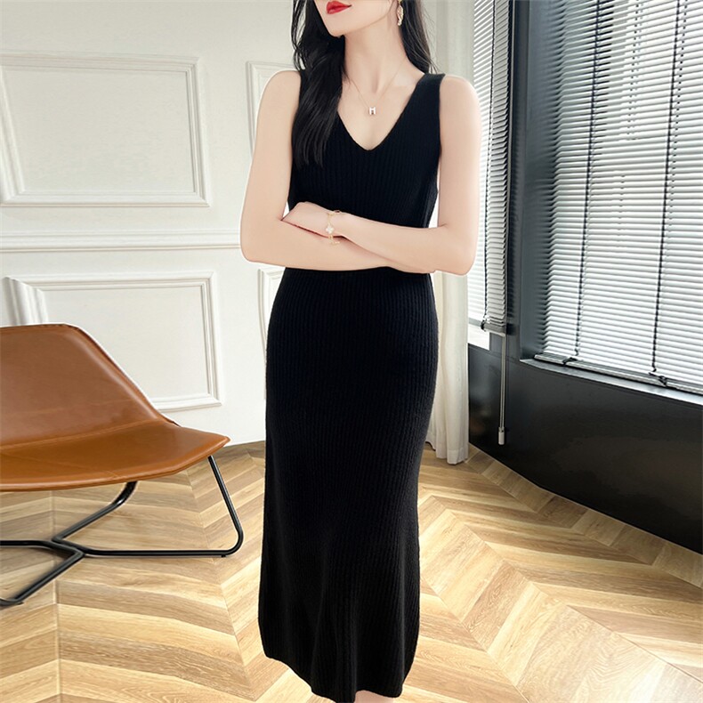 100%纯羊毛连衣裙女V领坑条无袖背心长裙宽松羊绒衫吊带长裙A字裙,女装连衣裙,蒙特羊绒