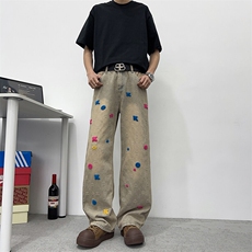 潮牌美式做旧水洗牛仔裤男复古宽松阔腿百搭春夏拖地裤NK074-P50，男装牛仔裤，星座308B-1