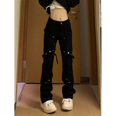 DN121-P48新款高街排扣工装裤男女春夏季直筒微喇裤-网图现货，男装牛仔裤，星座603-2