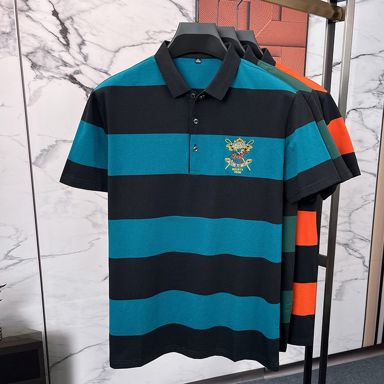夏季新款男士短袖男款POLO杉高档轻商务翻领条纹百搭中年爸爸装,男装T恤,电商B212（原钱塘6029）