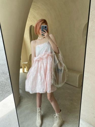 粉色提花蓬蓬裙穿绳吊带裙,女装背心吊带,ceelphy