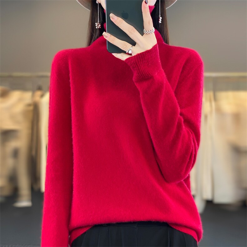 高端一线成衣女高领秋冬羊毛针织套头毛衣堆领翻领上衣，女装羊毛衫，昭美羊绒