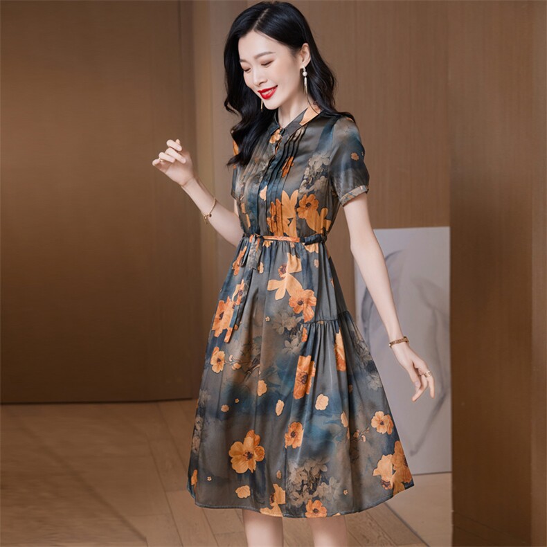 香云纱真丝连衣裙2023女夏季气质妈妈装高腰显瘦优雅高级感桑蚕丝,女装连衣裙,阿舍尔精品