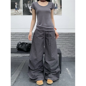 ZHL Studio美式复古抽绳直筒工装裤男女宽松褶皱休闲裤阔腿长裤子图片