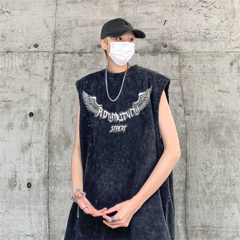 水洗做旧 欧美式翅膀印花 夏无袖背心/马甲/坎肩XZ514-2-1308-P35图片