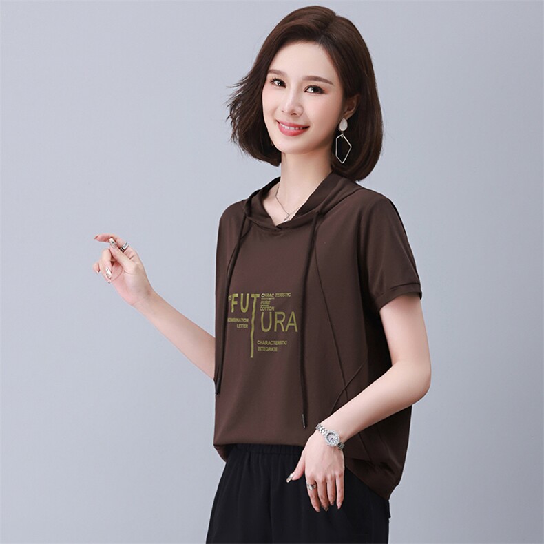 夏装新款韩版大码字母印花连帽套头时髦休闲t恤女短袖,女装T恤,涵誉