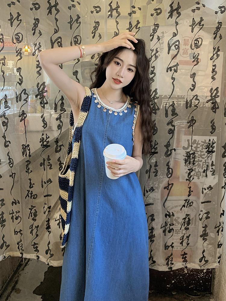 夏日辣妹穿搭无袖牛仔连衣裙女2025新款复古丹宁风设计感亮片长裙,女装连衣裙,浙宝276（原081）