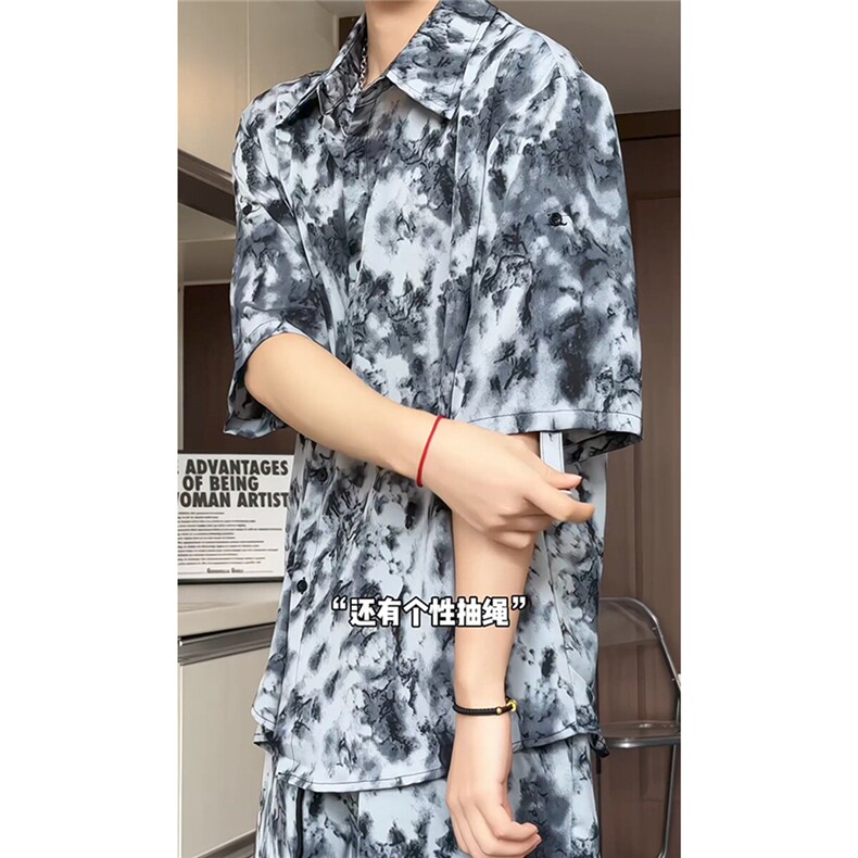 短袖衬衫男+短裤男潮流休闲套装男M-5XL大码TZ78708P50控98模特图图片