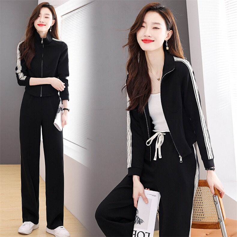黑色立领开衫秋季新款套装女2024年早秋休闲两件套时尚运动套装，女装套装/套裙，梦懿尔
