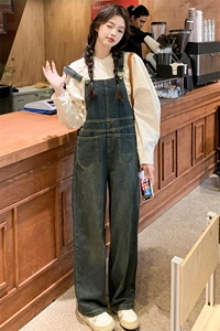 港风复古工装牛仔背带裤女春秋2025新款宽松慵懒风绝美炸街阔腿裤图片