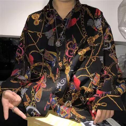 港风复古印花链子衬衫男痞帅宽松长袖夜店男装凉薄花衬衣外套，男装衬衫，星座506A
