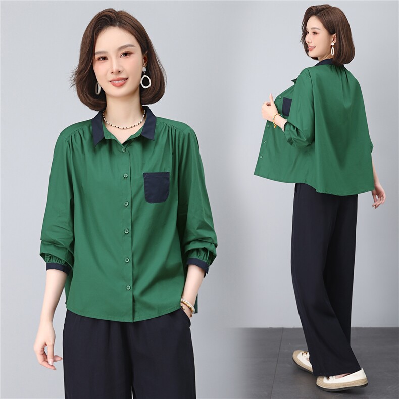 2025年秋季时尚撞色翻领纯棉100%休闲文艺衬衣，女装衬衫，依恋蒂丝