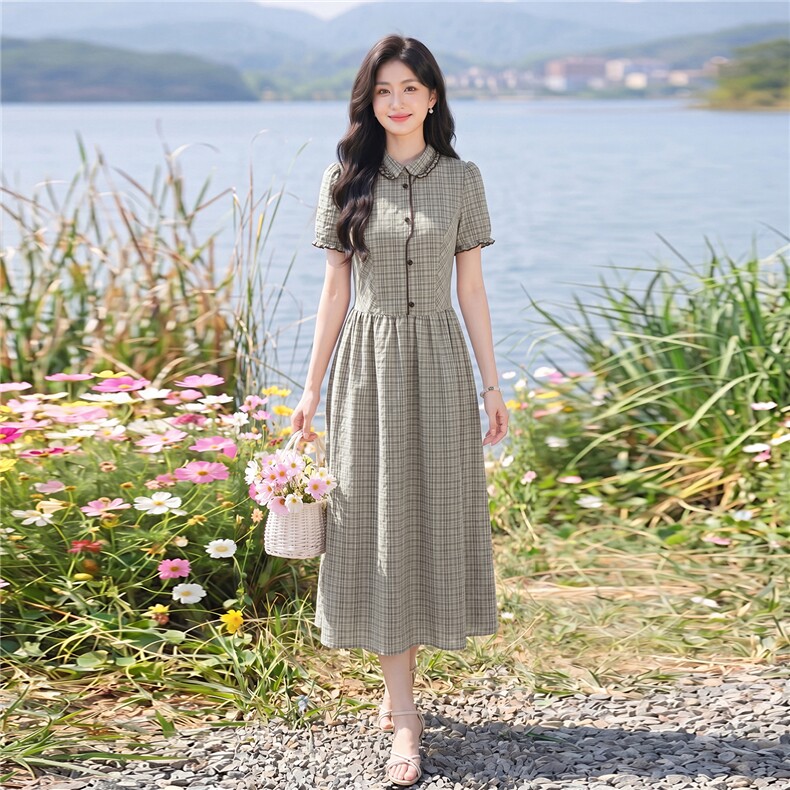 学院风格纹连衣裙女春夏收腰显瘦中长裙格子裙子,女装连衣裙,水衣源