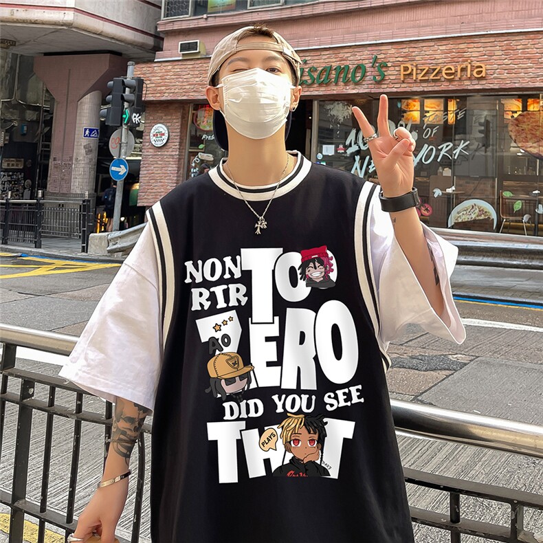 ！港风23夏时尚卡通印花假两件背心100棉短袖T恤T6615P40控58,男装背心/马甲,电商A268A