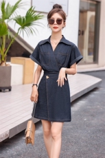 2023减龄短袖连衣裙女夏季韩版高级感不规则收腰百搭牛仔短裙潮，女装连衣裙，仟媚宠