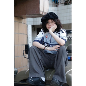 美式户外骑行服元素撞色T恤运动风小众解构撞色字母弹力透气短袖