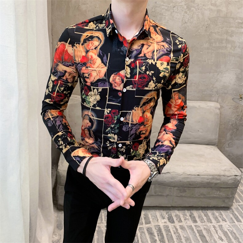 312A-808-P50新款时尚人物图案印花长袖衬衫社会精神小伙衬衣1,男装衬衫,星座312A-5
