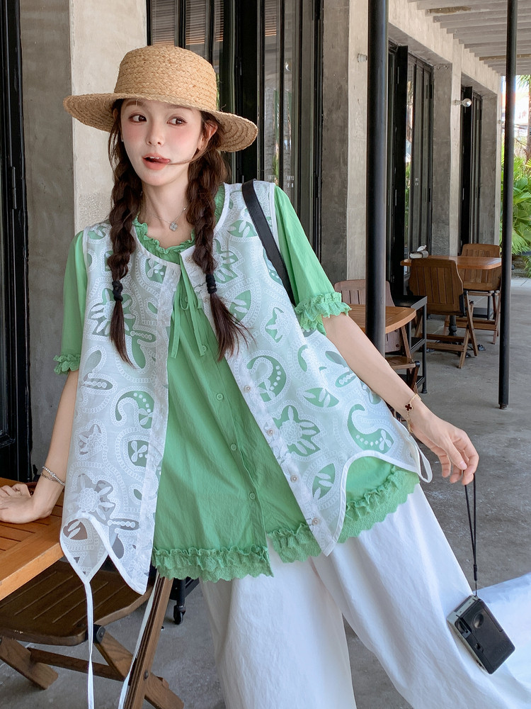 温柔风不规则蕾丝罩衫木耳边衬衣套装女夏季2025新款阔腿裤三件套,女装套装/套裙,含赞