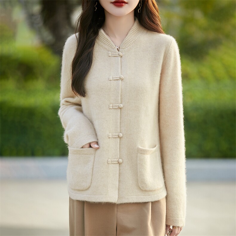 新中式国风100%纯羊毛开衫女立领盘扣针织毛衣宽松羊绒衫带兜外套,女装羊毛衫,暖烁羊绒
