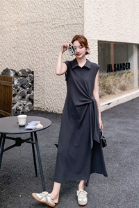 深灰色无袖衬衫连衣裙女夏季2025年新款韩系设计感绑带显瘦背心裙图片